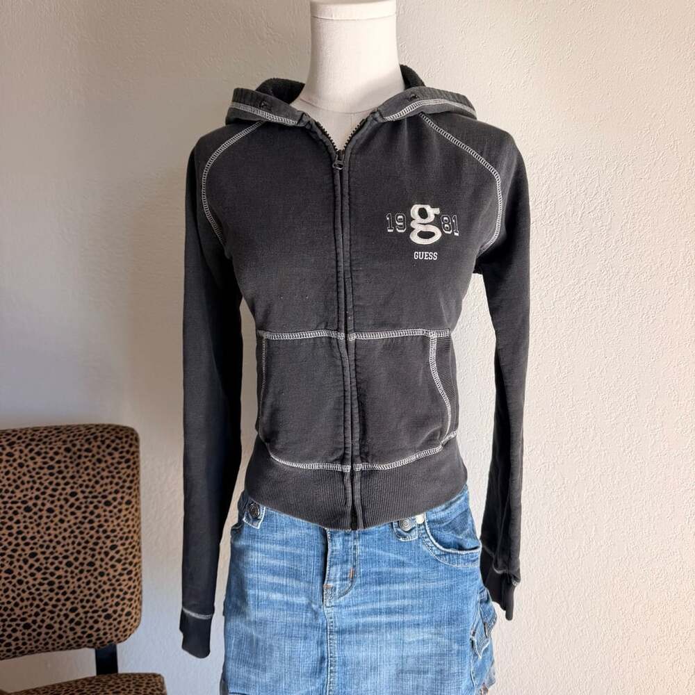 Guess 1981 Zip Up Hoodie Black Contrast Stitching Y2K